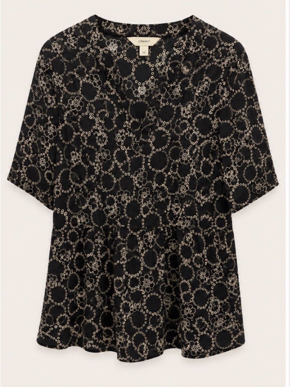 CJ Banks Black Tunic with Cream Chain & Floral Motif